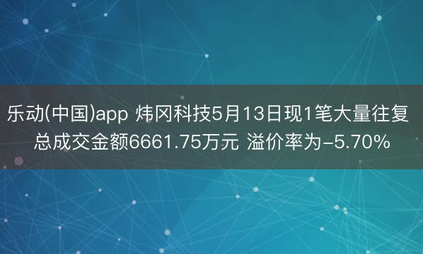 乐动(中国)app 炜冈科技5月13日现1笔大量往复 总成交金额6661.75万元 溢价率为-5.70%